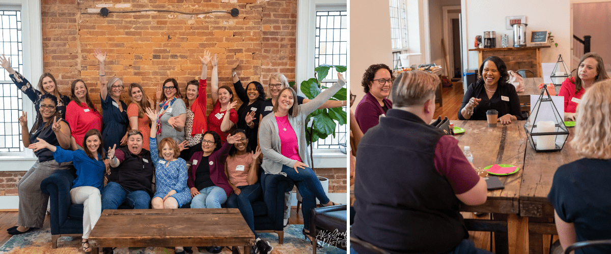 Woman to Woman Mentoring Group Women sitting on a couch with their hands in the air celebrating and a picture of women sitting at a table discussing