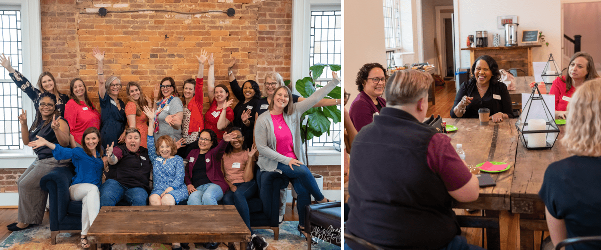 Women sitting on a couch with their hands in the air celebrating and a picture of women sitting at a table discussing